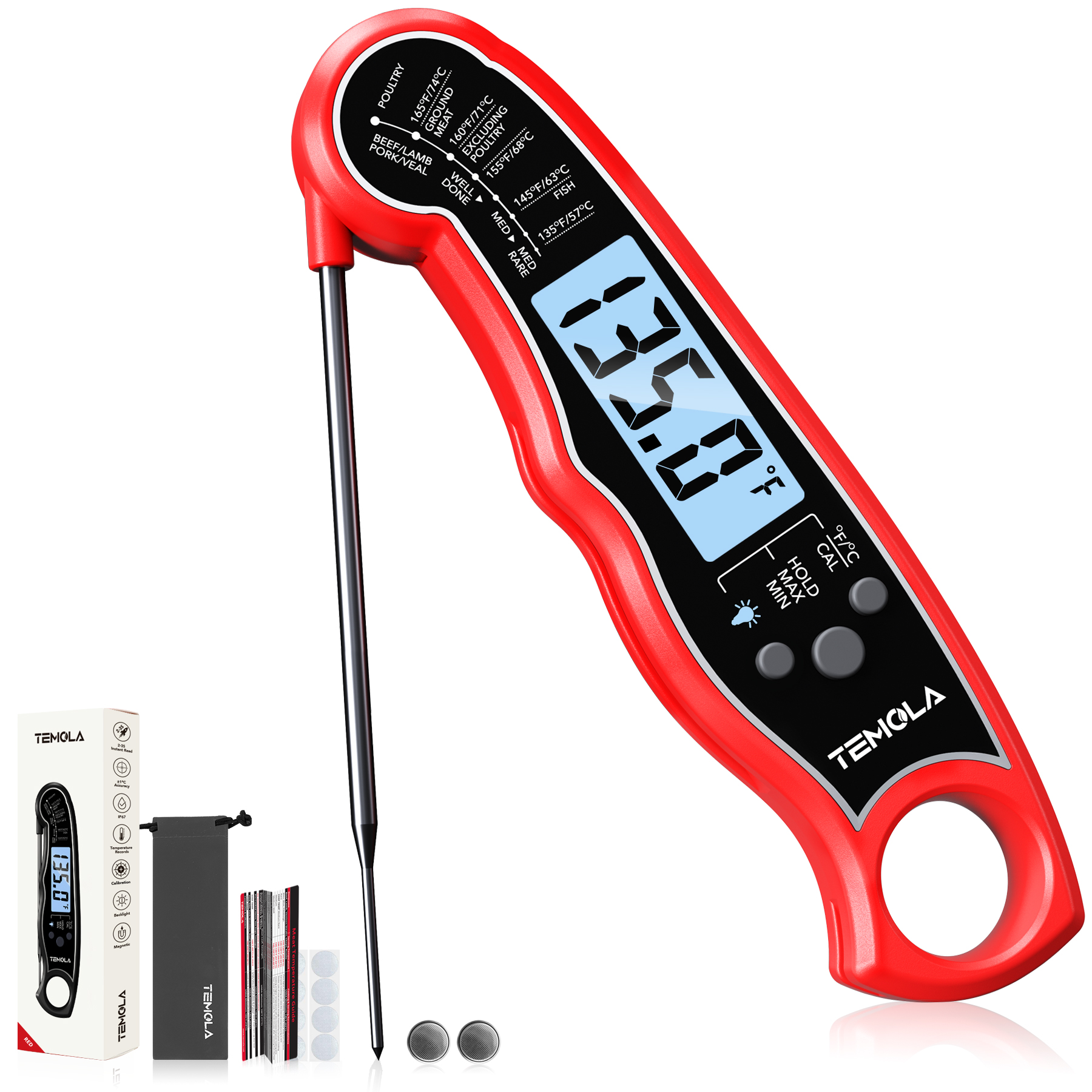 TEMOLA TM26 Instant Read Meat Thermometer (Red)